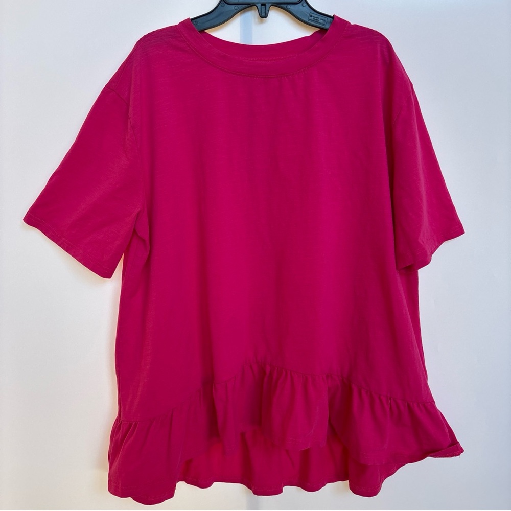 Women's Tiered Ruffle Short Sleeve Shirt, Bright Pink, XL